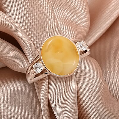 Butterscotch Amber and Crystal Oval Ring in Sterling Silver (Adjustable)