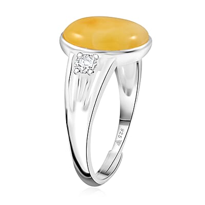 Butterscotch Amber and Crystal Oval Ring in Sterling Silver (Adjustable)