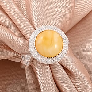 Butterscotch Amber and Crystal Round Ring in Sterling Silver (Adjustable)