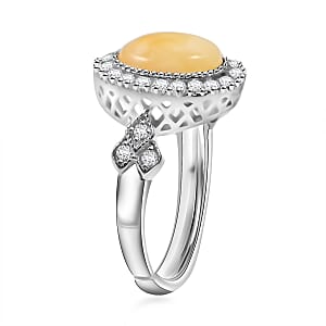 Butterscotch Amber and Crystal Round Ring in Sterling Silver (Adjustable)