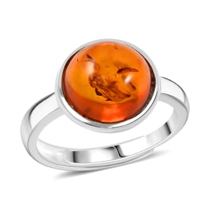 Baltic Amber Round Ring in Sterling Silver (Adjustable)