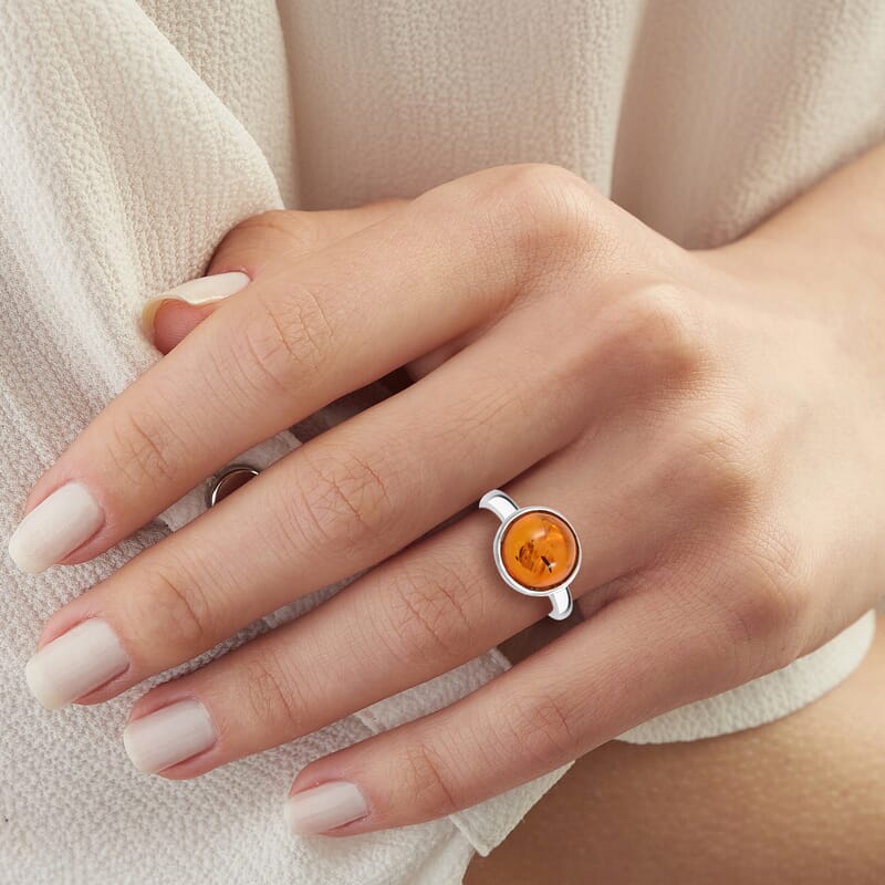 Baltic Amber Round Ring in Sterling Silver (Adjustable)