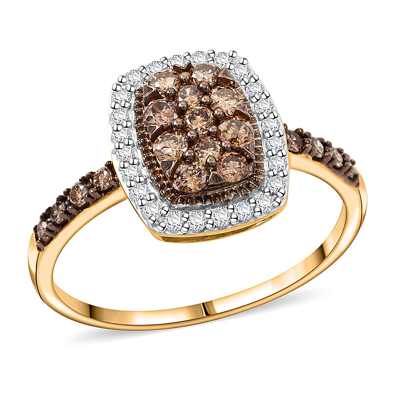 Natural Champagne and White Diamond 0.50 ctw Ring in 14K Yellow Gold Over Sterling Silver (Size 7.0)