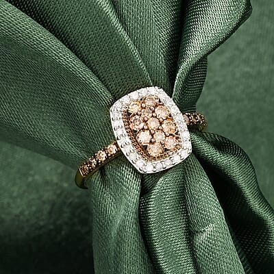 Natural Champagne and White Diamond 0.50 ctw Ring in 14K Yellow Gold Over Sterling Silver (Size 7.0)