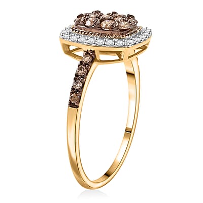 Natural Champagne and White Diamond 0.50 ctw Ring in 14K Yellow Gold Over Sterling Silver (Size 7.0)