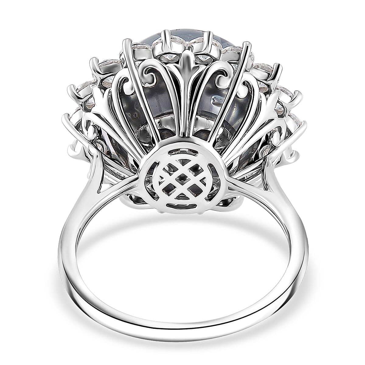 Tahitian Cultured Pearl and Moissanite 1.90 ctw Sunburst Ring in Rhodium Over Sterling Silver (Size 6.0)