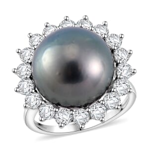 Tahitian Cultured Pearl and Moissanite 1.90 ctw Sunburst Ring in Rhodium Over Sterling Silver (Size 8.0)