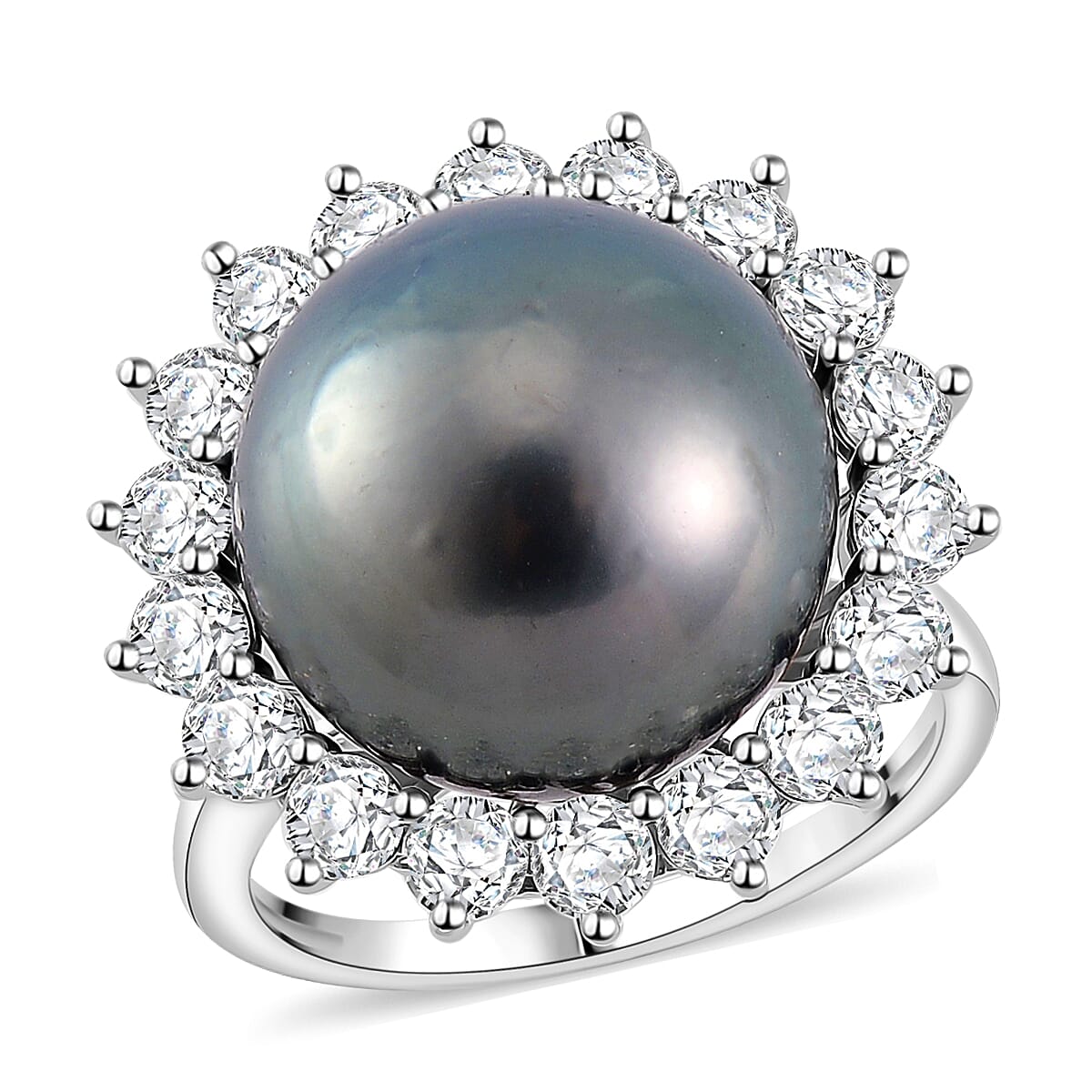 Tahitian Cultured Pearl and Moissanite 1.90 ctw Sunburst Ring in Rhodium Over Sterling Silver (Size 9.0) image number 0