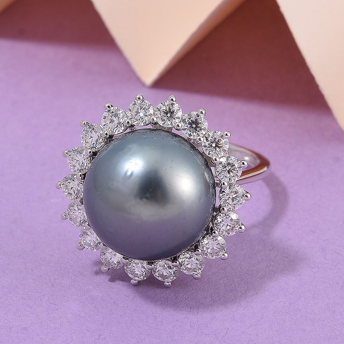 Tahitian Cultured Pearl and Moissanite 1.90 ctw Sunburst Ring in Rhodium Over Sterling Silver (Size 9.0) image number 1