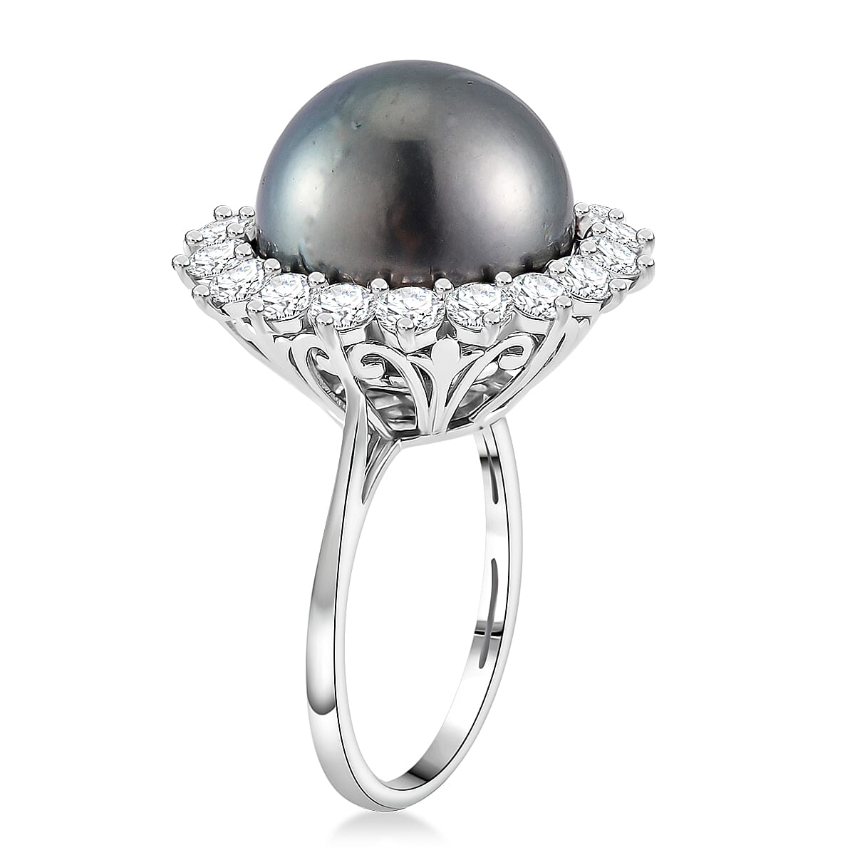 Tahitian Cultured Pearl and Moissanite 1.90 ctw Sunburst Ring in Rhodium Over Sterling Silver (Size 9.0) image number 3