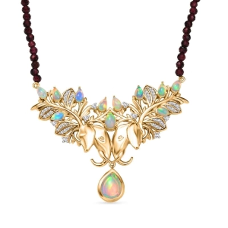 Premium Ethiopian Welo Opal and White Zircon 6.09 ctw Fancy Necklace in 18K Vermeil Yellow Gold Over Sterling Silver 18 Inches (11.71 g)