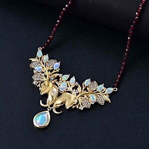 Premium Ethiopian Welo Opal and White Zircon 6.09 ctw Fancy Necklace in 18K Vermeil Yellow Gold Over Sterling Silver 18 Inches (11.71 g)
