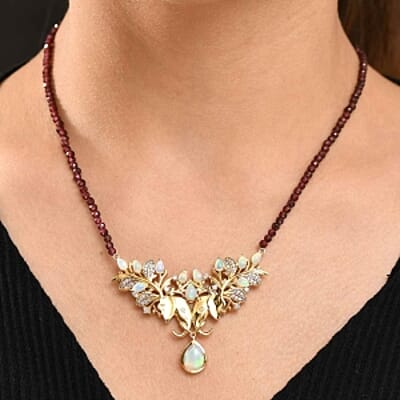 Premium Ethiopian Welo Opal and White Zircon 6.09 ctw Fancy Necklace in 18K Vermeil Yellow Gold Over Sterling Silver 18 Inches (11.71 g)