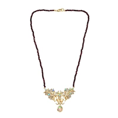 Premium Ethiopian Welo Opal and White Zircon 6.09 ctw Fancy Necklace in 18K Vermeil Yellow Gold Over Sterling Silver 18 Inches (11.71 g)