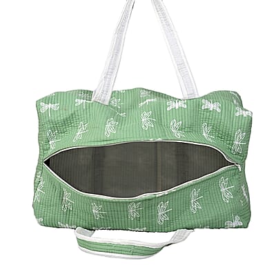Green Quilted Cotton & Polyester Bag with Zipper Closure