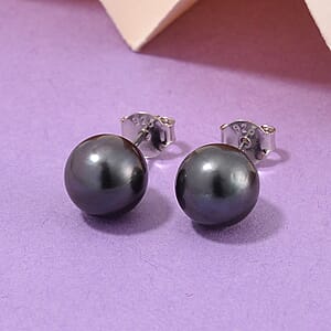 Tahitian Cultured Pearl Solitaire Stud Earrings in Rhodium Over Sterling Silver