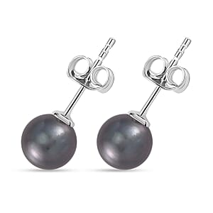 Tahitian Cultured Pearl Solitaire Stud Earrings in Rhodium Over Sterling Silver
