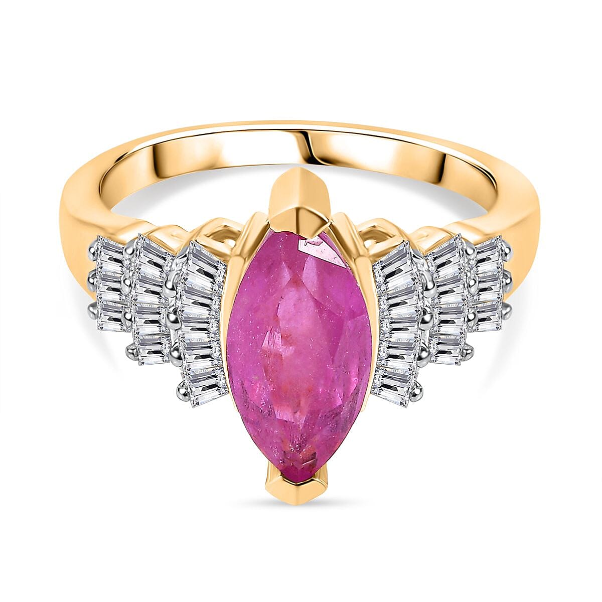 Ilakaka Hot Pink Sapphire (FF) and Moissanite 3.12 ctw Ring in Vermeil Yellow Gold Over Sterling Silver (Size 10)