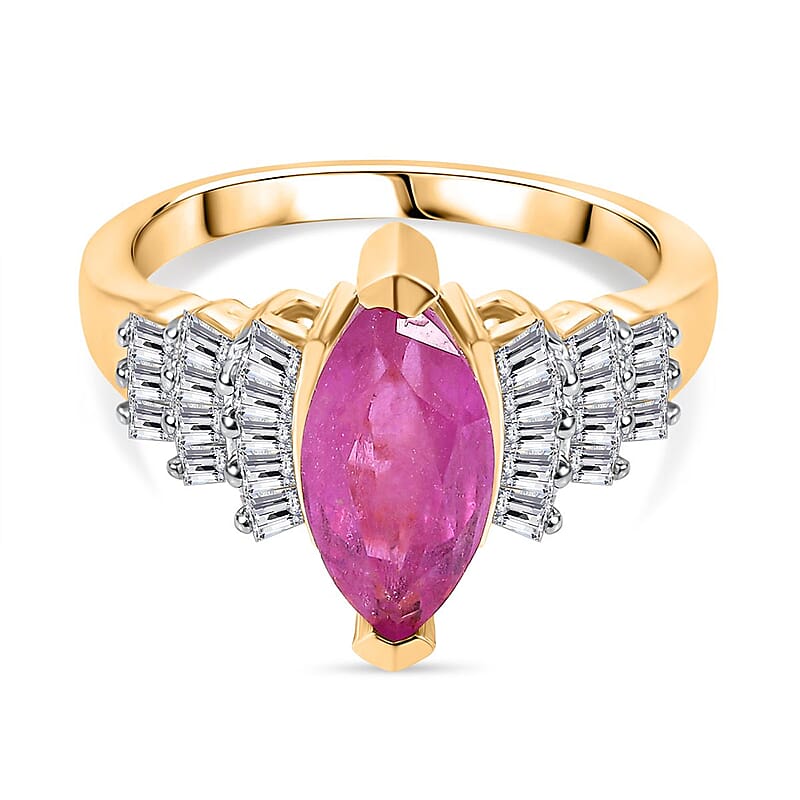Ilakaka Hot Pink Sapphire (FF) and Moissanite 3.12 ctw Ring in Vermeil Yellow Gold Over Sterling Silver (Size 9)