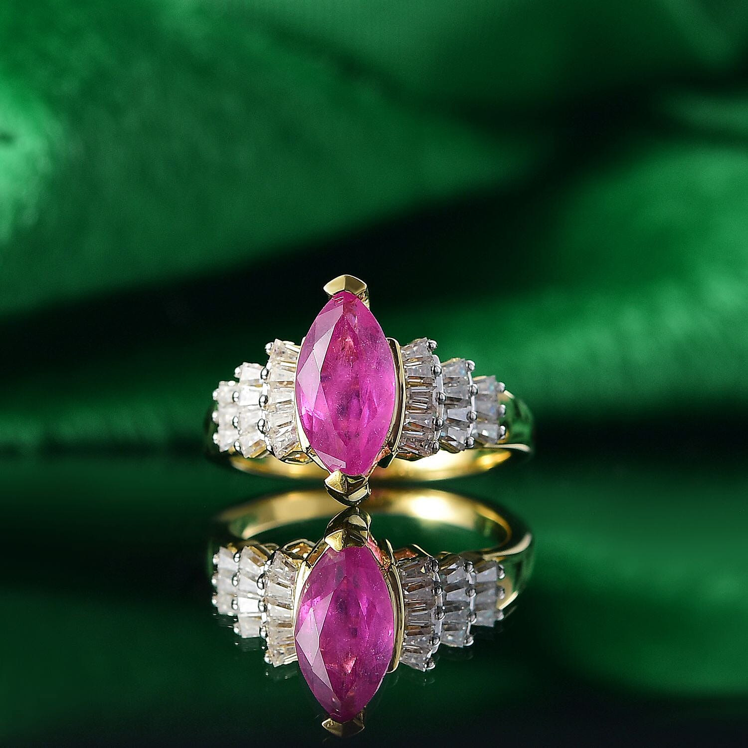 Ilakaka Hot Pink Sapphire (FF) and Moissanite 3.12 ctw Ring in Vermeil Yellow Gold Over Sterling Silver (Size 9)