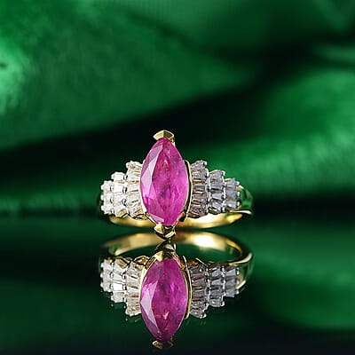 Ilakaka Hot Pink Sapphire (FF) and Moissanite 3.12 ctw Ring in Vermeil Yellow Gold Over Sterling Silver (Size 9)