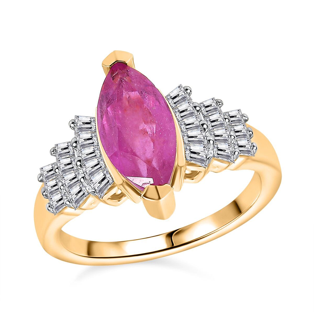 Ilakaka Hot Pink Sapphire (FF) and Moissanite 3.12 ctw Ring in Vermeil Yellow Gold Over Sterling Silver (Size 9)