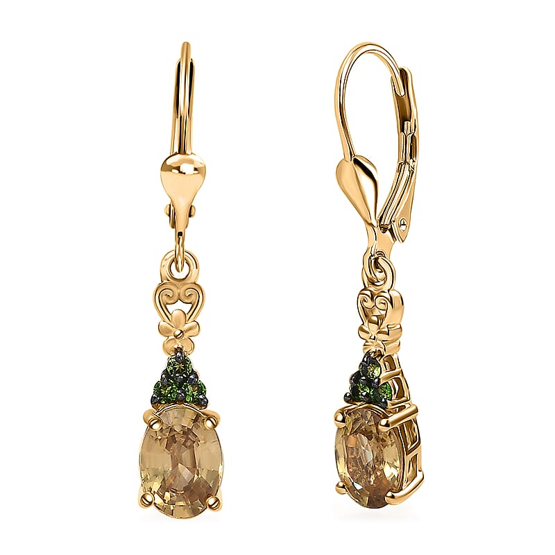 D'Joy Premium Tanzania Yellow Zircon and Chrome Diopside 2.60 ctw Celtic Heart Earrings in 18K Vermeil Yellow Gold Over Sterling Silver