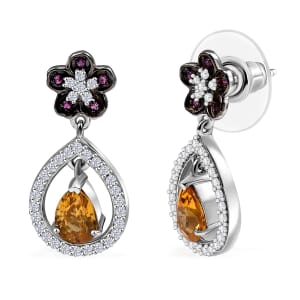 D'Joy Premium Tanzania Yellow Zircon and Multi Gemstone 1.70 ctw Blooming Earrings in Rhodium Over Sterling Silver
