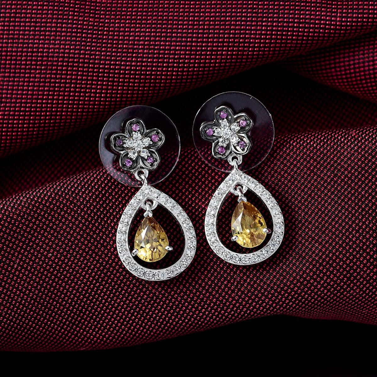 D'Joy Premium Tanzania Yellow Zircon and Multi Gemstone 1.70 ctw Blooming Earrings in Rhodium Over Sterling Silver image number 1