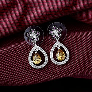 D'Joy Premium Tanzania Yellow Zircon and Multi Gemstone 1.70 ctw Blooming Earrings in Rhodium Over Sterling Silver