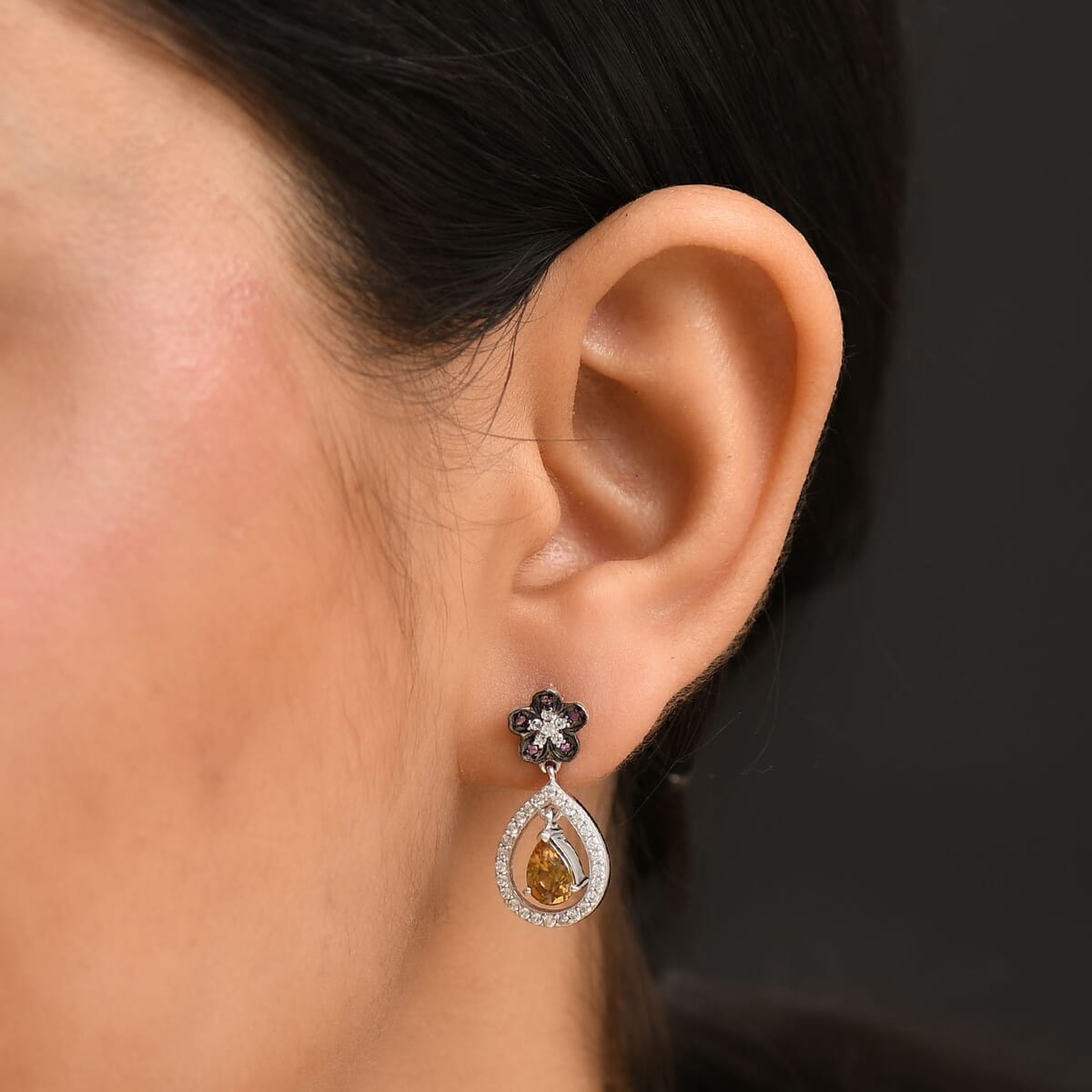 D'Joy Premium Tanzania Yellow Zircon and Multi Gemstone 1.70 ctw Blooming Earrings in Rhodium Over Sterling Silver image number 2