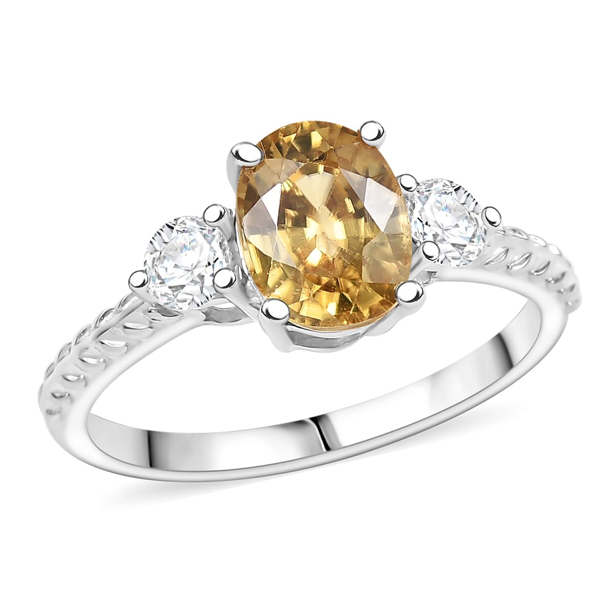 D'Joy Premium Tanzania Yellow Zircon and Moissanite 2.40 ctw Art Deco Leaves Ring in Rhodium Over Sterling (Size 10.0) image number 0