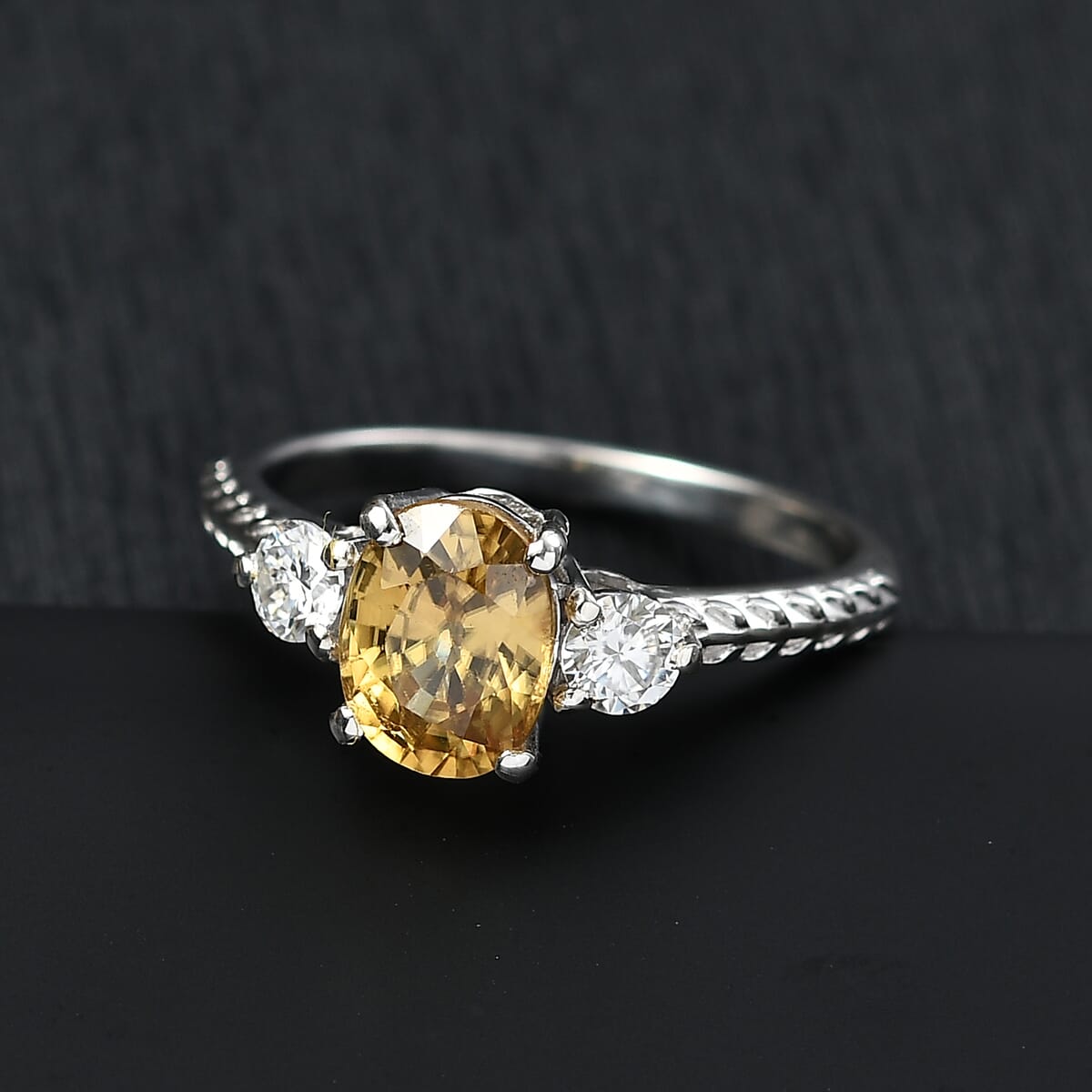 D'Joy Premium Tanzania Yellow Zircon and Moissanite 2.40 ctw Art Deco Leaves Ring in Rhodium Over Sterling (Size 10.0) image number 1