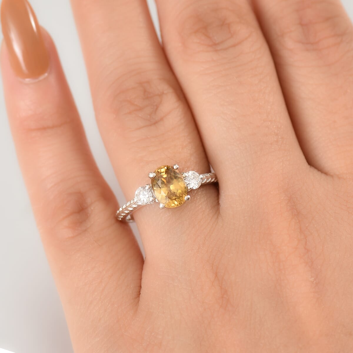 D'Joy Premium Tanzania Yellow Zircon and Moissanite 2.40 ctw Art Deco Leaves Ring in Rhodium Over Sterling (Size 10.0) image number 2