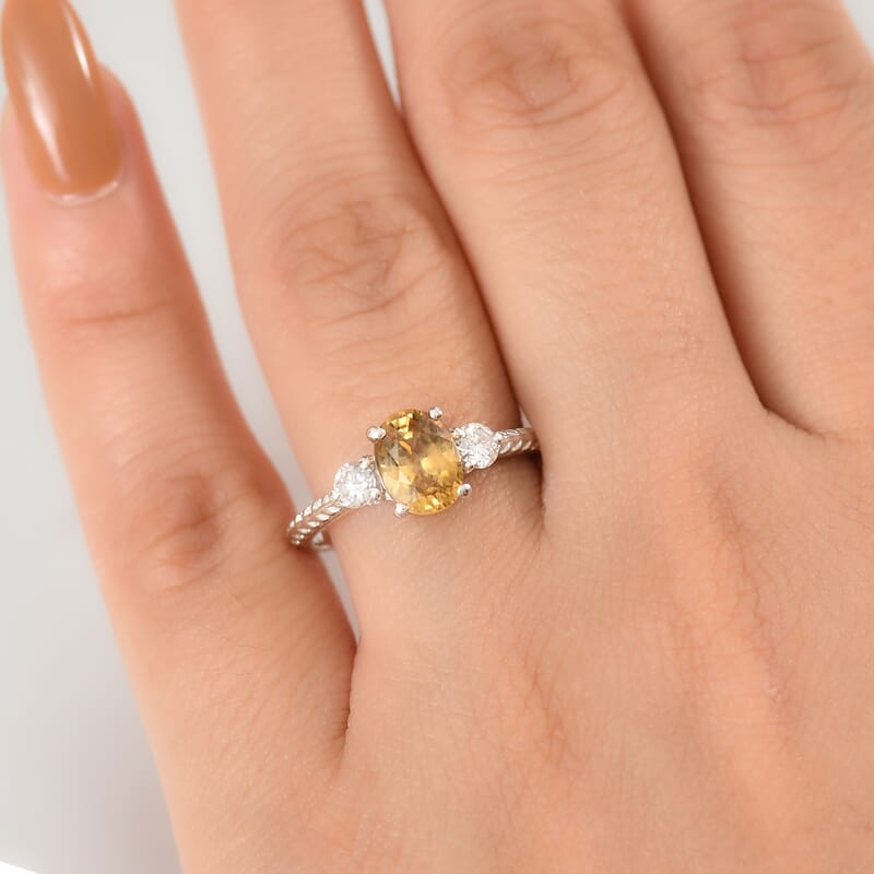 D'Joy Premium Tanzania Yellow Zircon and Moissanite 2.40 ctw Art Deco Leaves Ring in Rhodium Over Sterling (Size 10.0)