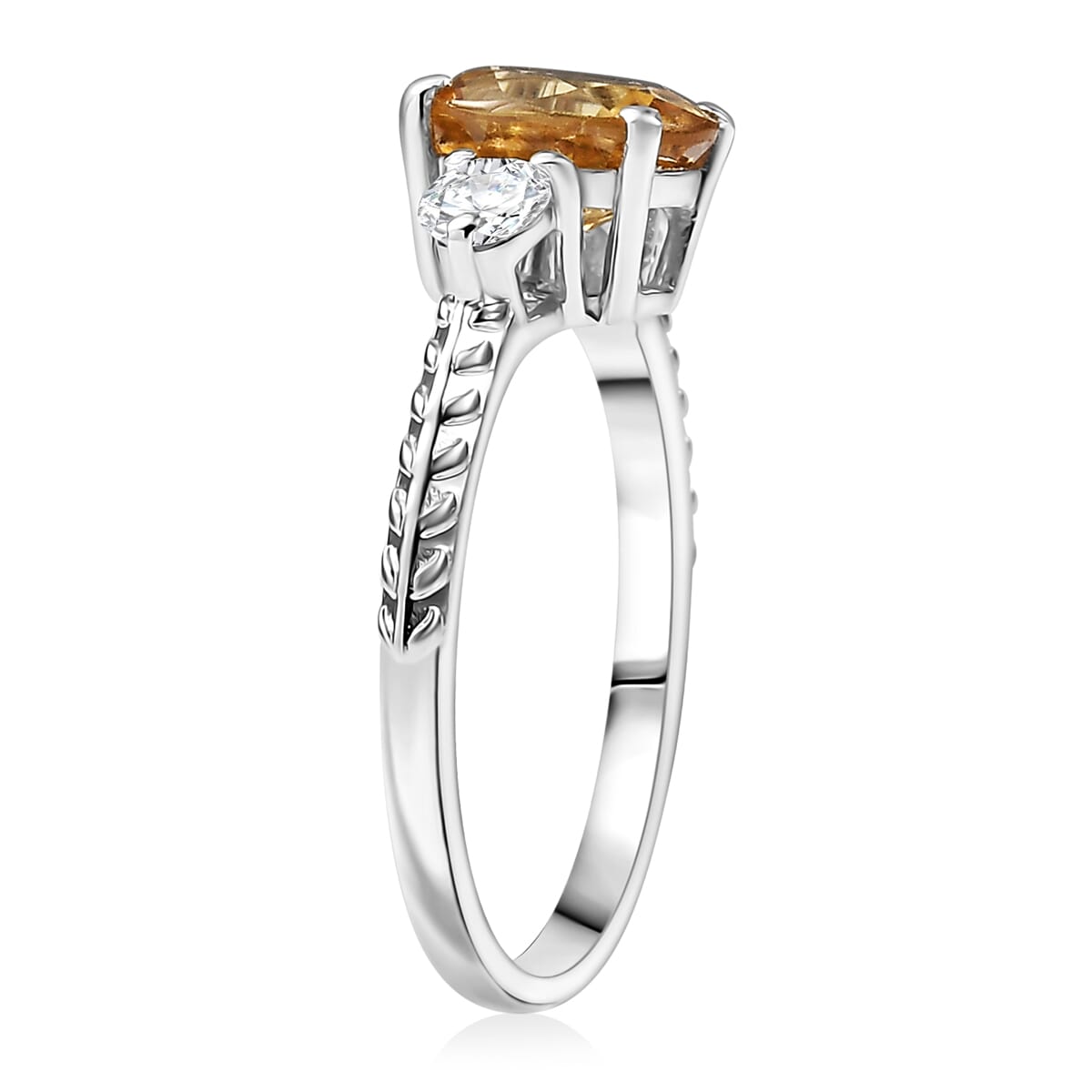 D'Joy Premium Tanzania Yellow Zircon and Moissanite 2.40 ctw Art Deco Leaves Ring in Rhodium Over Sterling (Size 10.0) image number 3