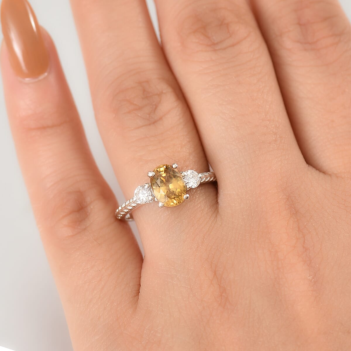 D'Joy Premium Tanzania Yellow Zircon and Moissanite 2.40 ctw Art Deco Leaves Ring in Rhodium Over Sterling (Size 8.0) image number 2