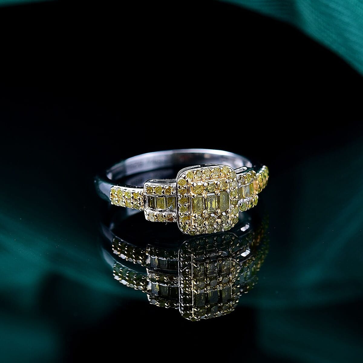 Yellow Diamond (IR) Art Deco Ring in Rhodium Over Sterling Silver (Size 10.0) 0.50 ctw image number 1