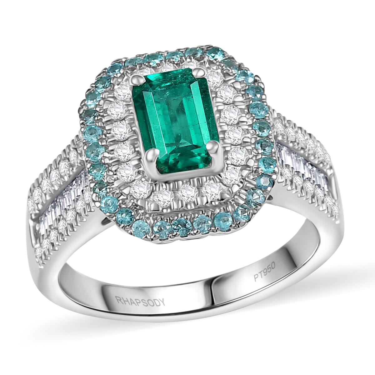 Certified & Appraised Rhapsody AAAA Kagem Zambian Emerald, Paraiba Tourmaline and E-F VS2 Diamond 2.00 ctw Ring in 950 Platinum (Size 10.0) 9.40 Grams image number 0