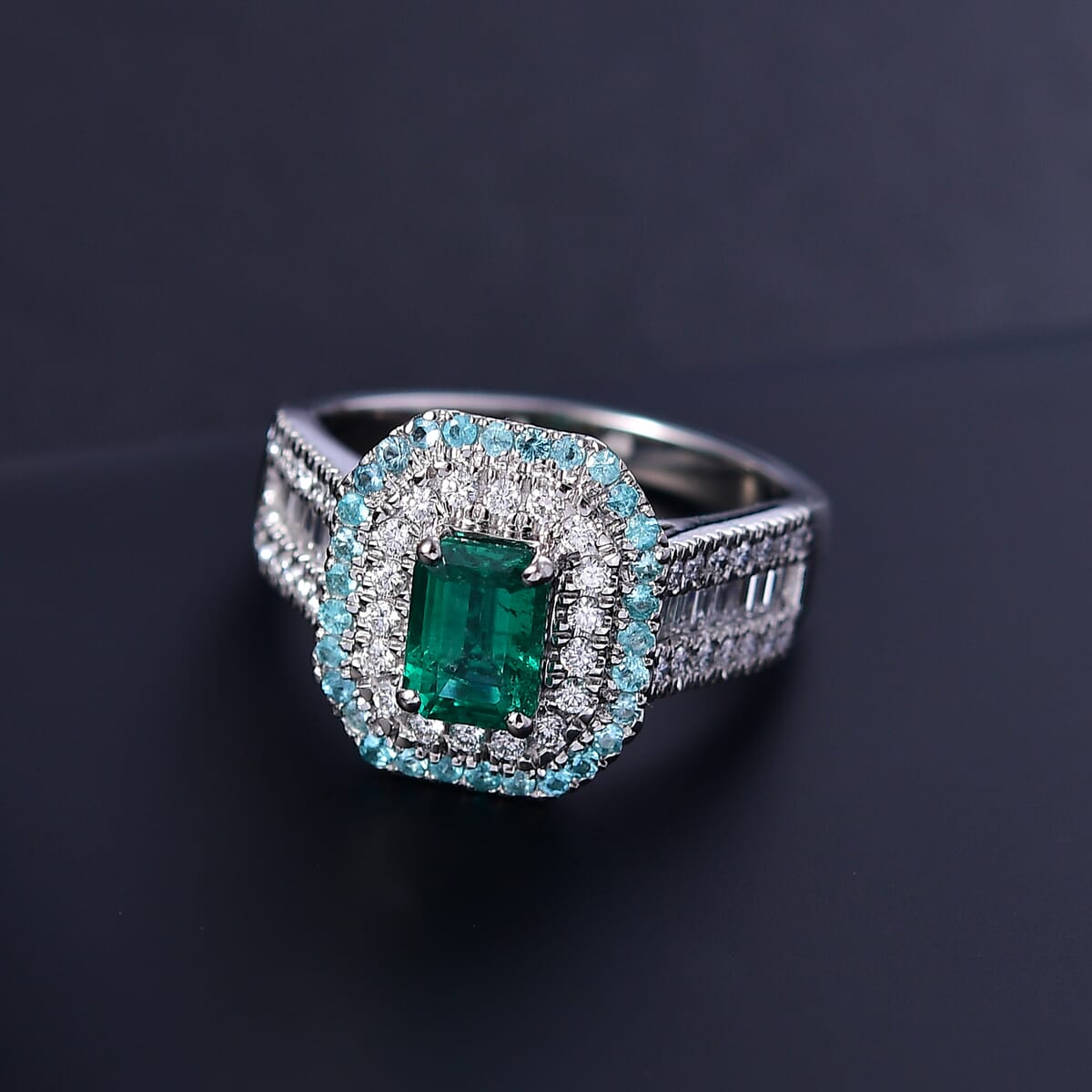 Certified & Appraised Rhapsody AAAA Kagem Zambian Emerald, Paraiba Tourmaline and E-F VS2 Diamond 2.00 ctw Ring in 950 Platinum (Size 10.0) 9.40 Grams image number 1