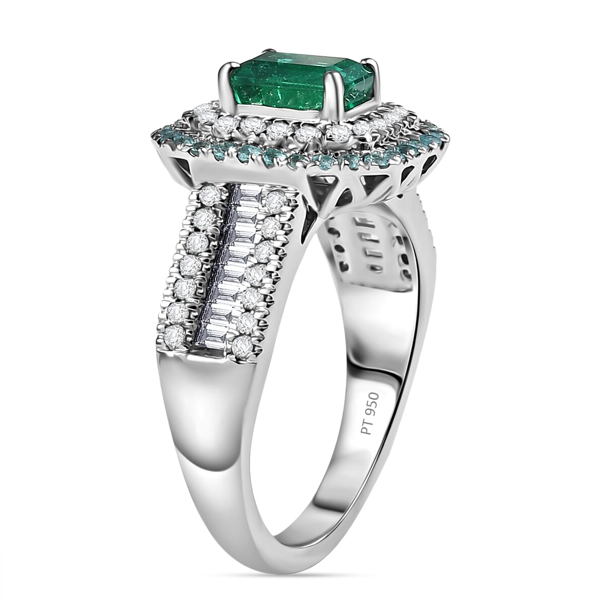 Certified & Appraised Rhapsody AAAA Kagem Zambian Emerald, Paraiba Tourmaline and E-F VS2 Diamond 2.00 ctw Ring in 950 Platinum (Size 10.0) 9.40 Grams image number 3