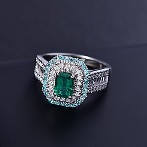 Certified Rhapsody AAAA Kagem Zambian Emerald, Paraiba Tourmaline, Diamond (E-F, VS2) Ring in 950 Platinum 2.00 ctw (Size 12.0)