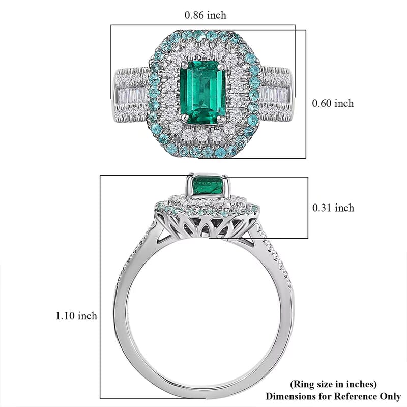 Certified and Appraised Rhapsody AAAA Kagem Zambian Emerald, Paraiba Tourmaline, Diamond (E-F, VS2) Ring in 950 Platinum 2.00 ctw (Size 12.0)