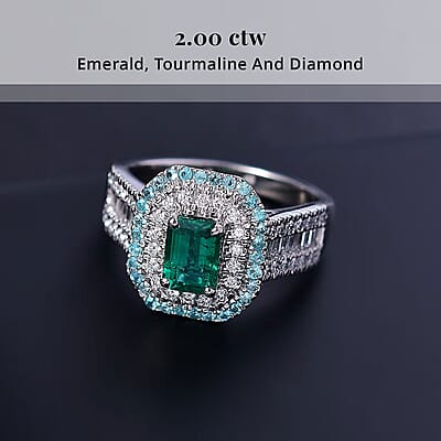 Certified and Appraised Rhapsody AAAA Kagem Zambian Emerald, Paraiba Tourmaline, Diamond (E-F, VS2) Ring in 950 Platinum 2.00 ctw (Size 5.0)