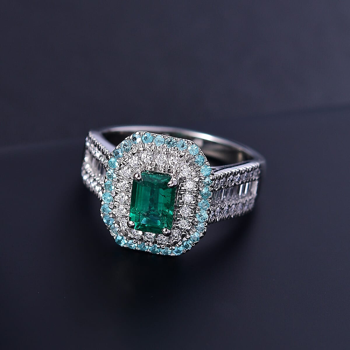 Certified & Appraised Rhapsody AAAA Kagem Zambian Emerald, Paraiba Tourmaline and E-F VS2 Diamond 2.00 ctw Ring in 950 Platinum (Size 6.0) 9.40 Grams image number 1