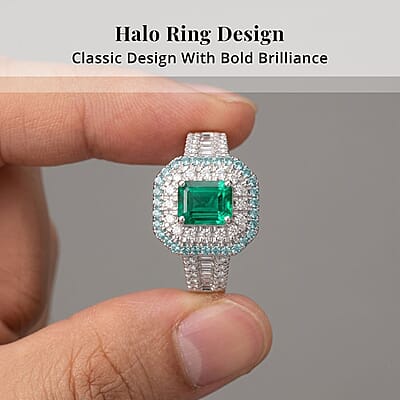 Certified and Appraised Rhapsody AAAA Kagem Zambian Emerald, Paraiba Tourmaline, Diamond (E-F, VS2) Ring in 950 Platinum 2.00 ctw (Size 7.0)