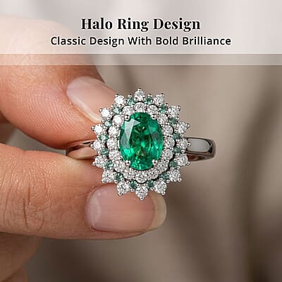 Certified & Appraised Rhapsody 950 Platinum AAAA Kagem Zambian Emerald, Paraiba Tourmaline and Diamond (E-F, VS) (0.56 cts) Sunburst Ring (Size 10.0) 2.00 ctw