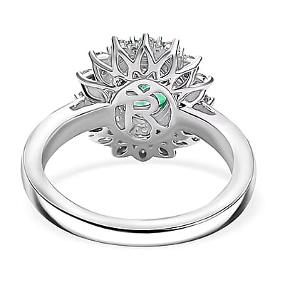 Certified & Appraised Rhapsody 950 Platinum AAAA Kagem Zambian Emerald, Paraiba Tourmaline and Diamond (E-F, VS) (0.56 cts) Sunburst Ring (Size 10.0) 2.00 ctw