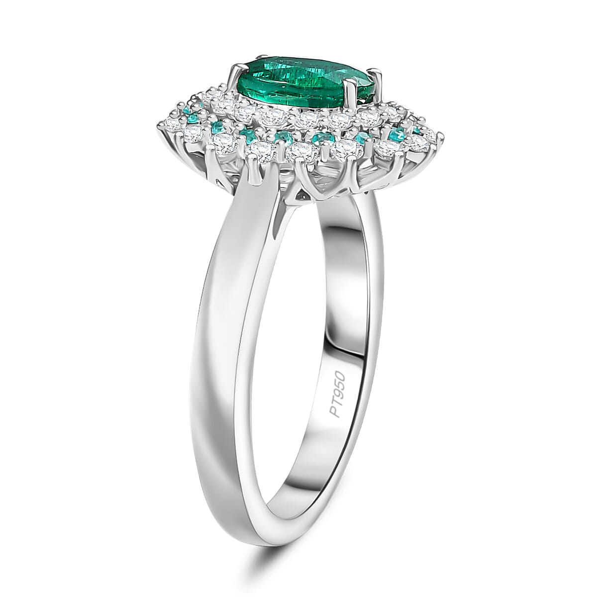 Rhapsody 950 Platinum AAAA Kagem Zambian Emerald, Paraiba Tourmaline and Diamond (E-F, VS) (0.56 cts) Sunburst Ring (Size 11.0) 2.00 ctw image number 3