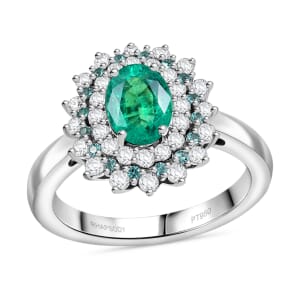Certified & Appraised Rhapsody AAAA Kagem Zambian Emerald, Paraiba Tourmaline and E-F VS Diamond 2.00 ctw Sunburst Ring in 950 Platinum (Size 7.0)